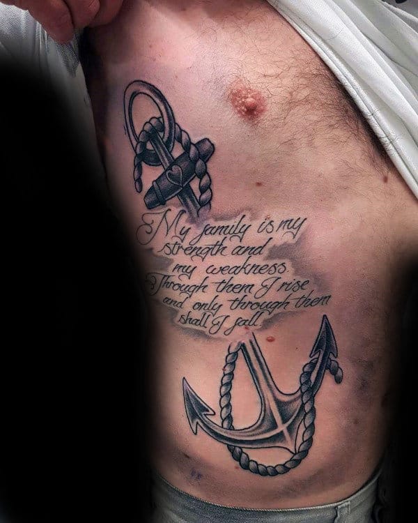 Mens Quote Cursive Script Anchor Rib Cage Side Tattoos