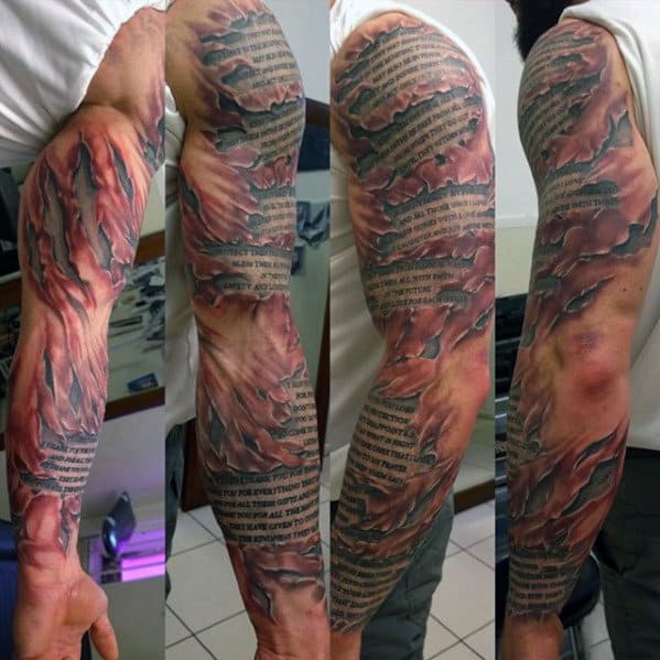 Mens Quote Ripped Skin 3d Full Arm Tattoo Ideas