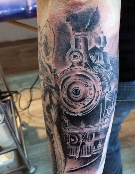 Mens Rail Road Sign Tattoo On Forearm
