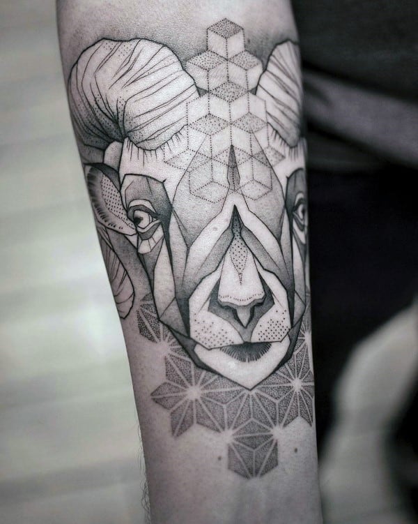 Mens Ram Geometric Dotwork Tattoos On Inner Forearm
