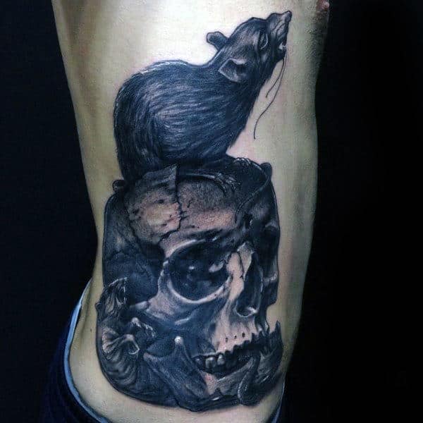 Mens Rat Standing On Top Of Skull Rib Cage Side Tattoo Designs