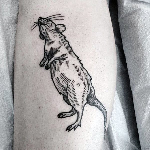 Mens Rat Woodcut Leg Tattoo Design Ideas