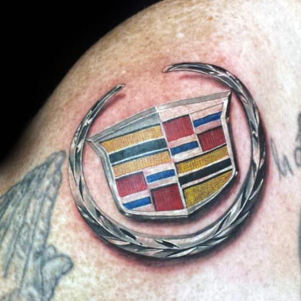 Mens Realistic 3d Cadillac Emblem Tattoo On Shoulder