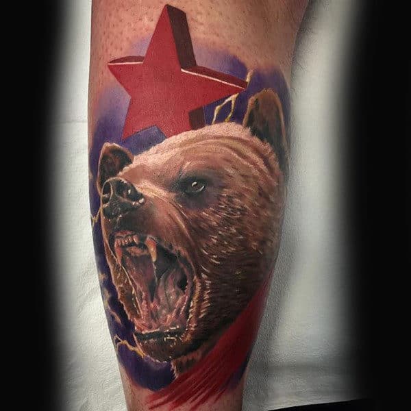 Mens Realistic 3d California Bear With Star Arm Tattoo Design Ideas