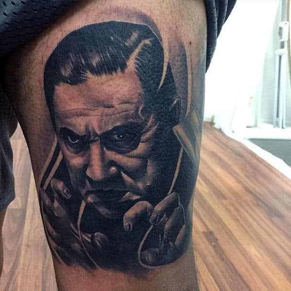 Mens Realistic 3d Dracula Tattoo Design On Thigh