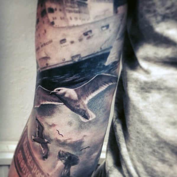 Mens Realistic 3d Flying Seagull At Sea With Ship Sleeve Tattoo
