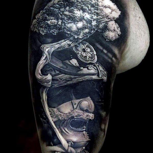 Mens Realistic 3d Samurai Helmet With Tree Half Sleeve Tattoo