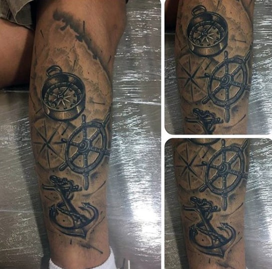 Leg tattoos featuring a compass, ship wheel, and anchor entwined with rope shown from different angles
