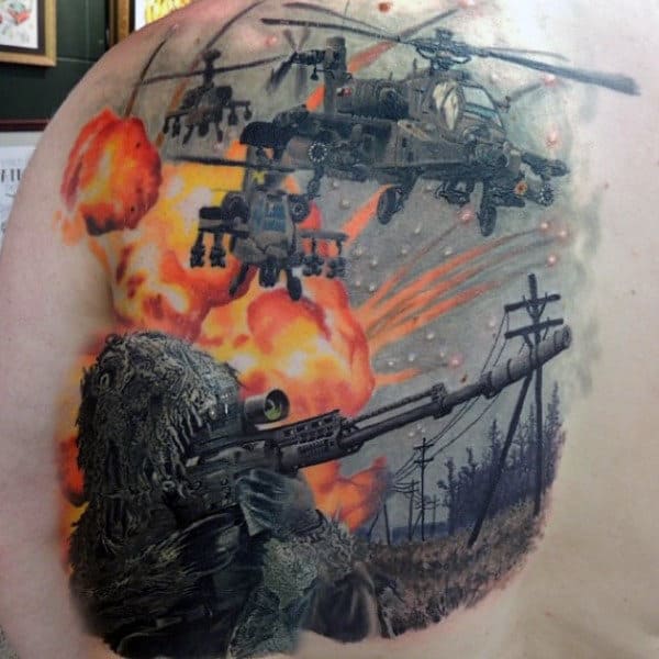 Mens Realistic Army Back Tattoos With Sniper Soilder And Apache Helicopters