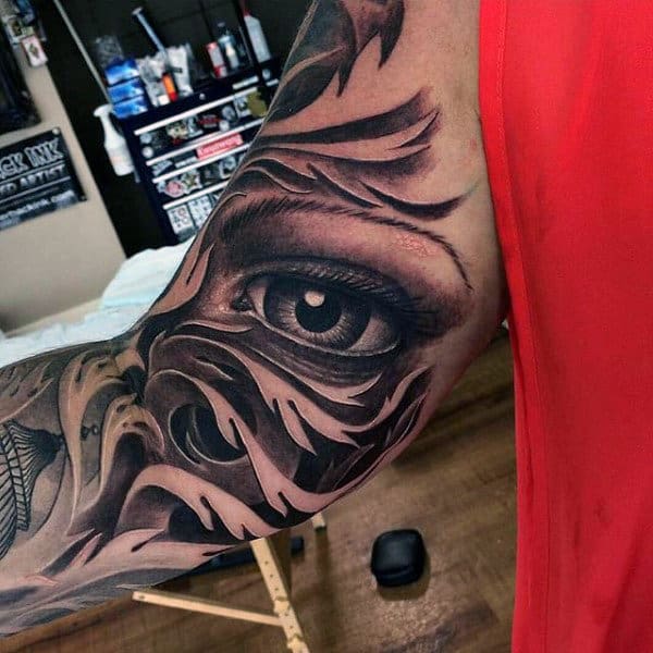 Mens Realistic Black Ink Decroative Eye Arm Tattoo