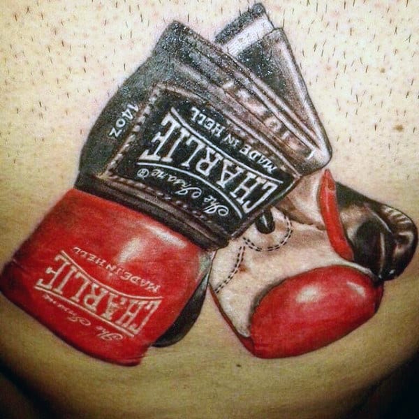 Mens Realistic Charlie Boxing Gloves Tattoo On Back