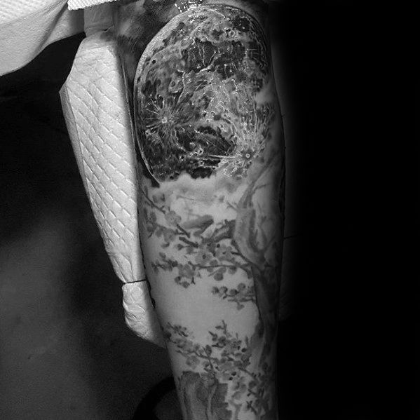 Mens Realistic Cherry Blossom Tree With Moon Arm Tattoo