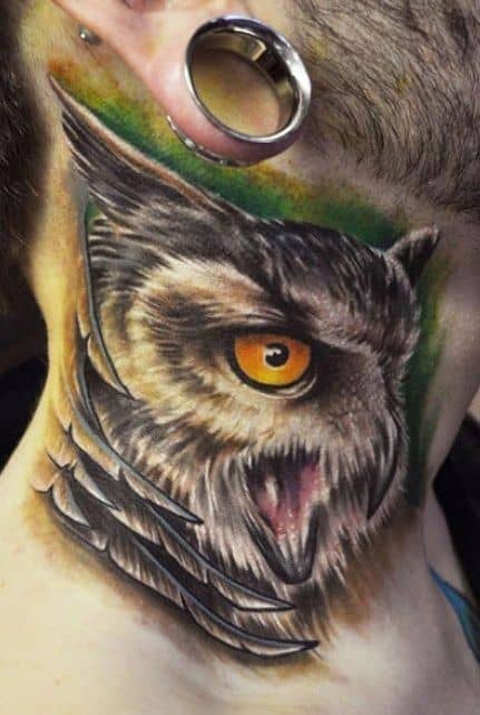 Mens Realistic Cool Owl Neck Tattoo Ideas