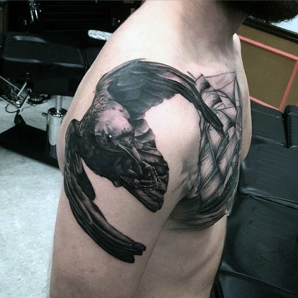 Mens Realistic Crow Upper Arm Tattoo Design Ideas