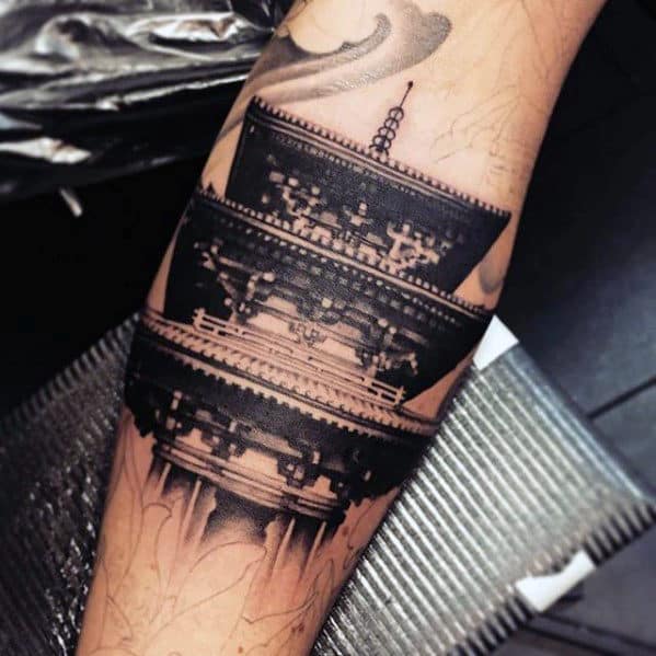 Mens Realistic Detailed Japanese Temple Leg Calf Tattoo