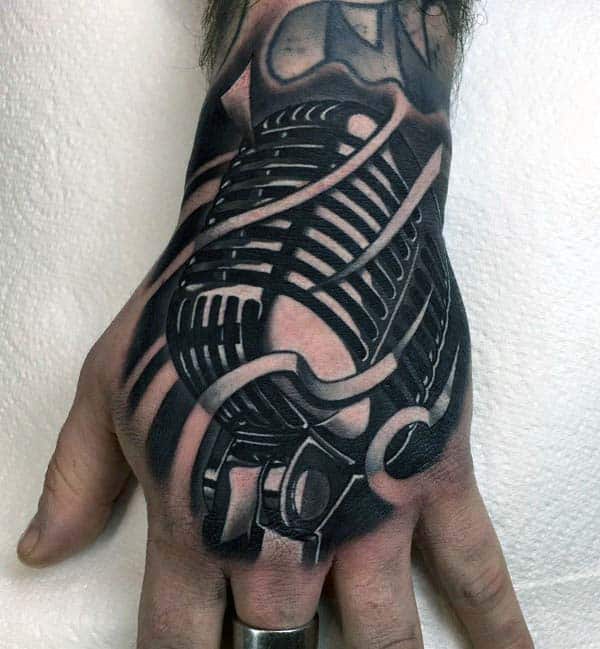 Mens Realistic Extreme Metallic Microphone Hand Tattoo