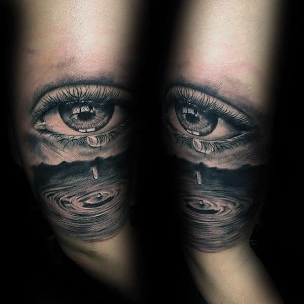 Mens Realistic Eye With Water Droplet Tattoo On Arm