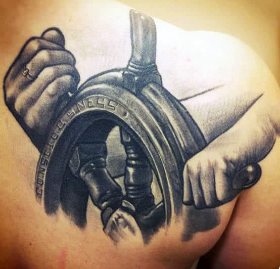 Mens Realistic Hand Steering Ships Wheel Tattoo On Chest