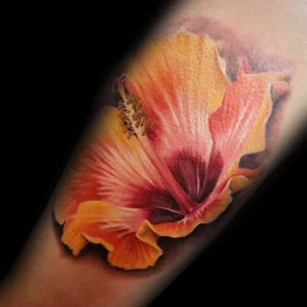 Mens Realistic Hibiscus Flower 3d Tattoo On Arm