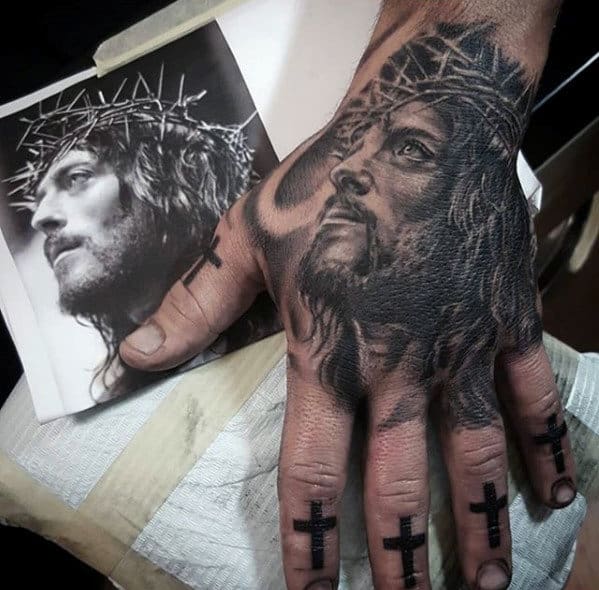Mens Realistic Jesus Portrait Hand Tattoo