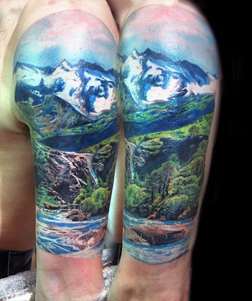 Mens Realistic Landscape Nature Tattoo Half Sleeve