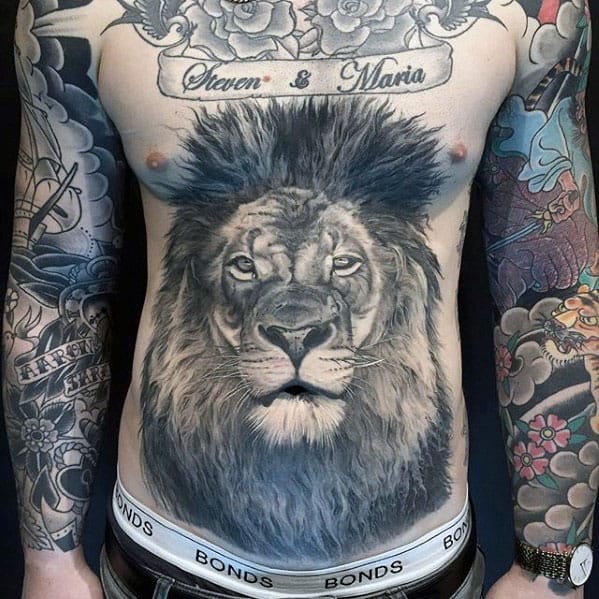 Mens Realistic Lion Shaded Chest Tattoo Designs