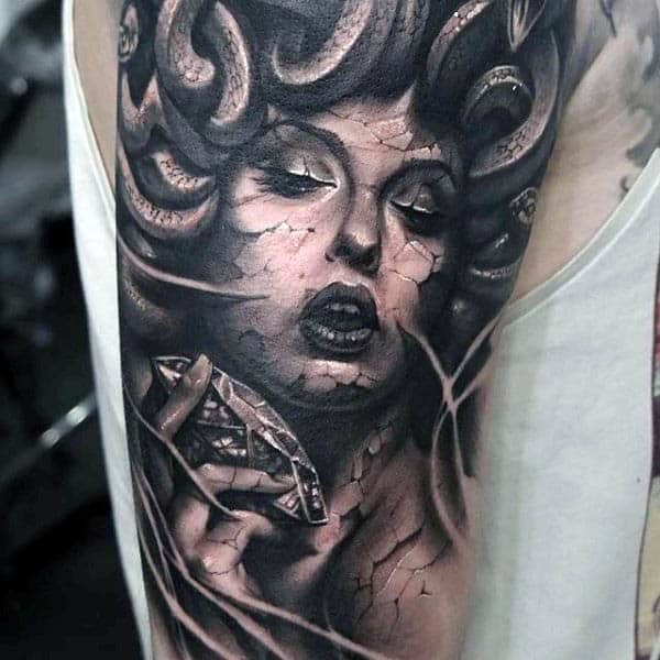 Mens Realistic Medusa Diamond Tattoo Design On Upper Arm