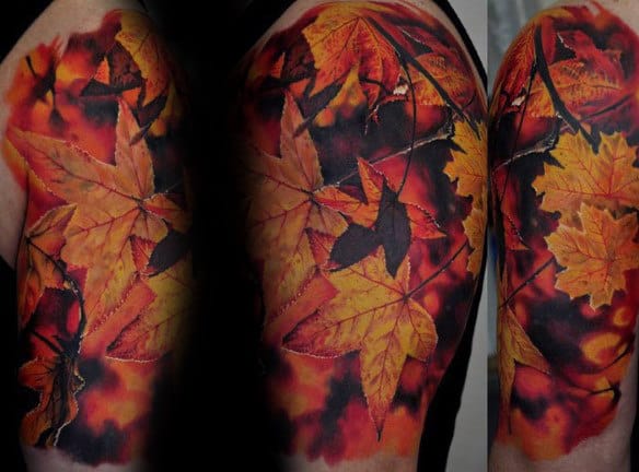 Mens Realistic Orange Leaves Fall Half Sleeve Tattoo
