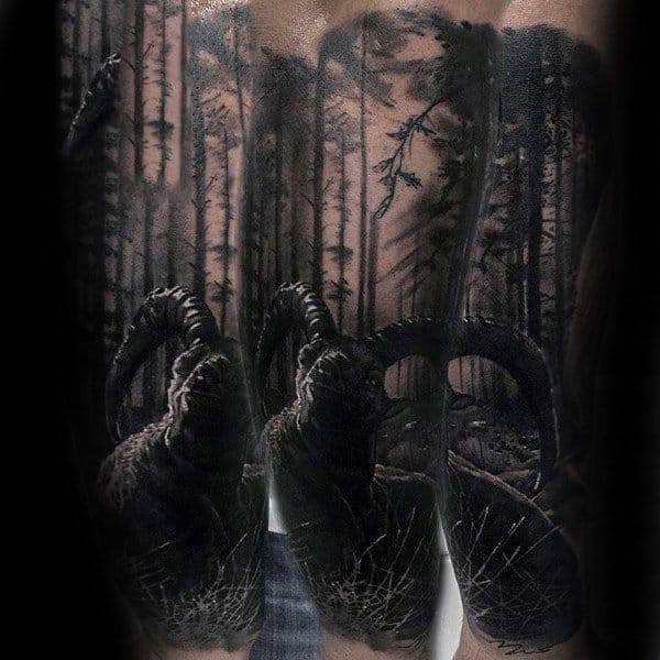 Mens Realistic Ram In The Forest Sleeve Tattoo