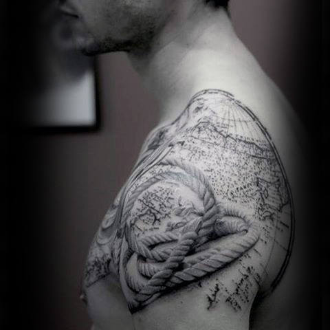 Mens Realistic Rope And Map Tattoo Shoulders