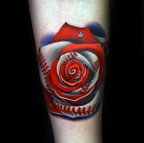 A tattoo of a rose designed with red baseball stitching on a person's arm