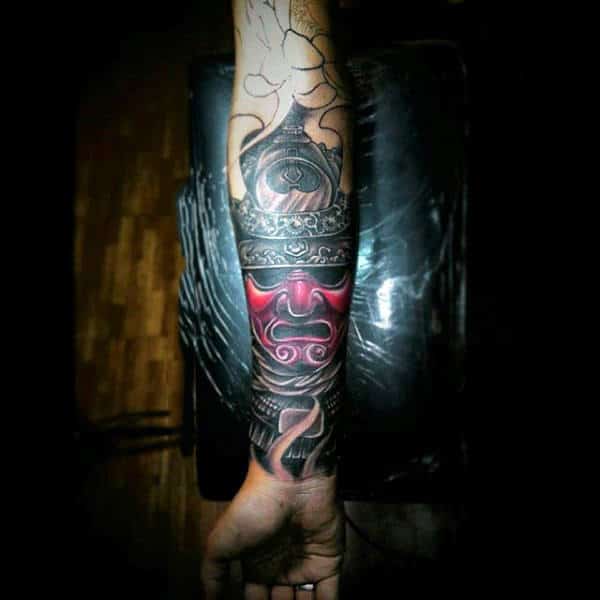 Mens Realistic Samurai Mask With Red Face Half Sleeve Tattoo
