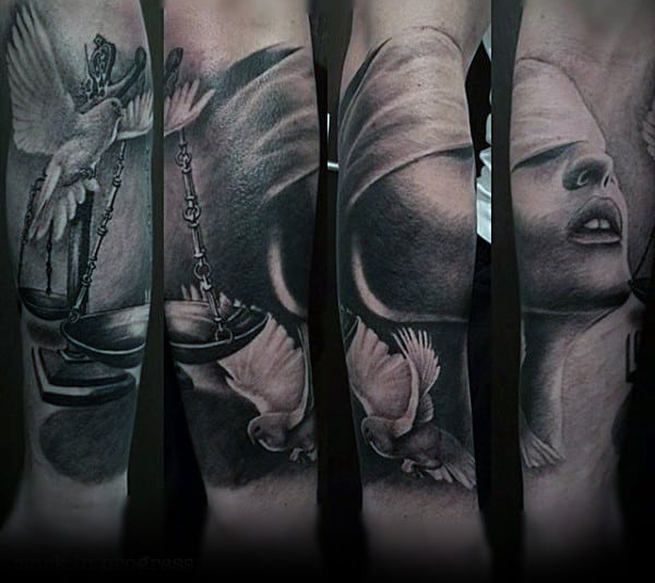 Mens Realistic Shaded Lady Justice Arm Tattoo Ideas