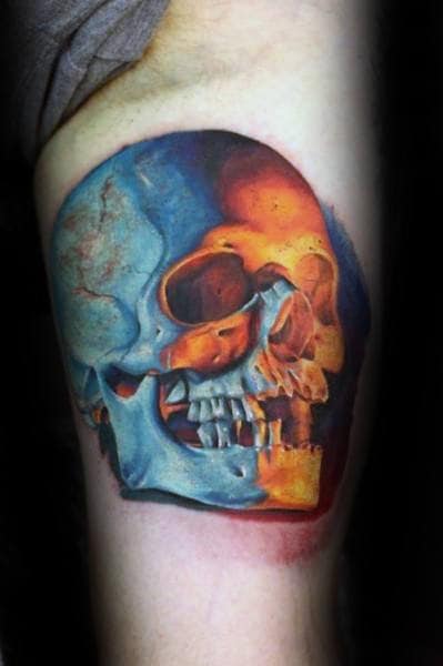 Mens Realistic Skull With Orange And Blue Ink Design On Arm