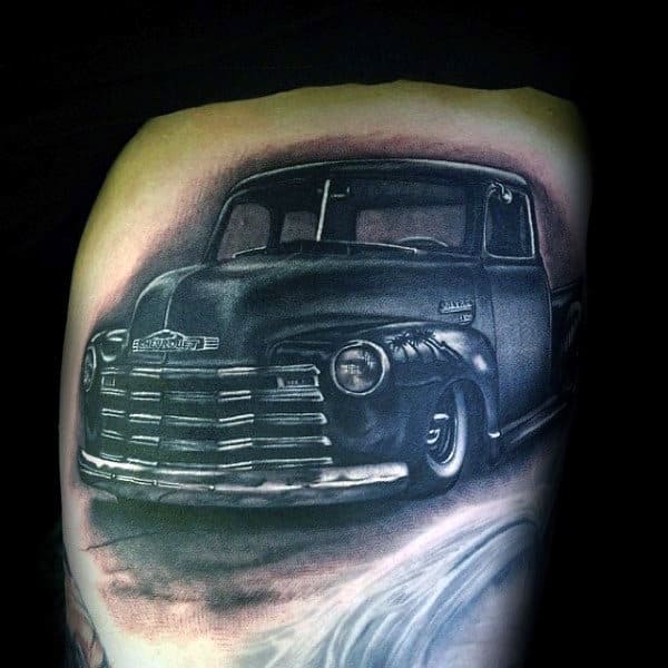 Mens Realistic Truck Thigh Tattoos