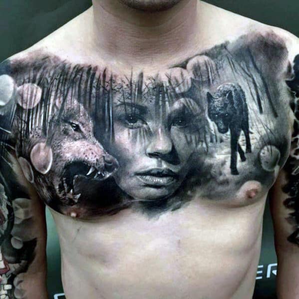 Mens Realistic Wolves In Forest With Female Portrait Upper Chest Tattoo