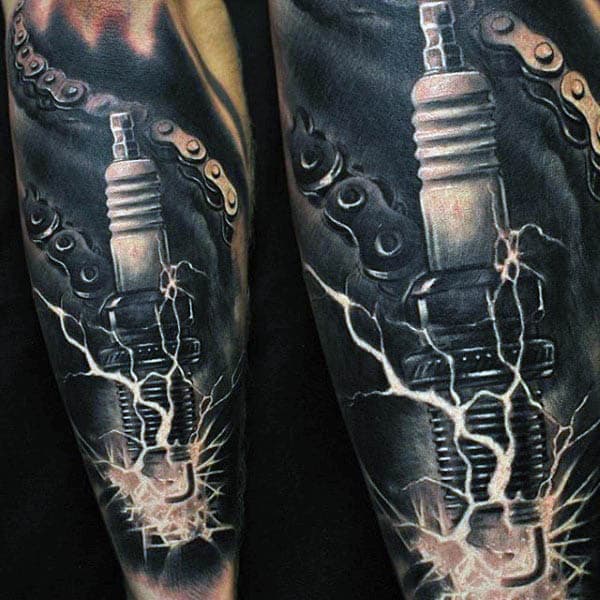 Mens Realsitic Sparking Spark Plug Sleeve Tattoo On Forearm With Realsitic Design