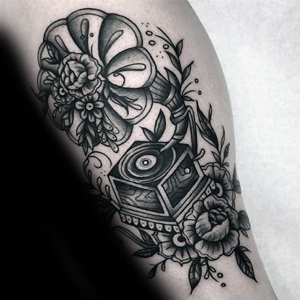 Mens Record Player Traditional Shaded Leg Tattoos
