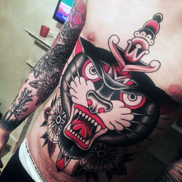 Mens Red And Black Ink Traditional Panther Sword Tattoo