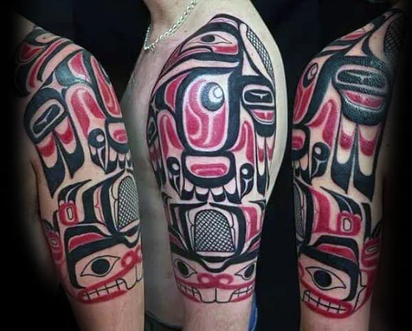 Mens Red And Black Ink Tribal Half Sleeve Haida Tattoo Designs