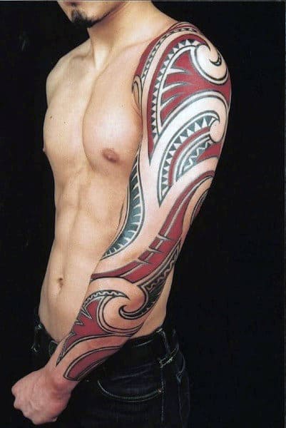 Mens Red And Black Ink Tribal Tattoo Design Ideas