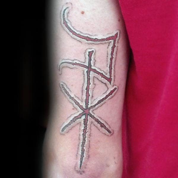 Mens Red And White Ink Chi Rho Triceps Tattoos
