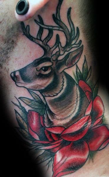 Mens Red Flower Traditional Deer Neck Tattoo