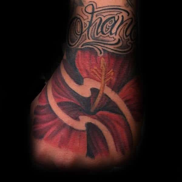 Mens Red Hibiscus Ohana Hand Tattoo