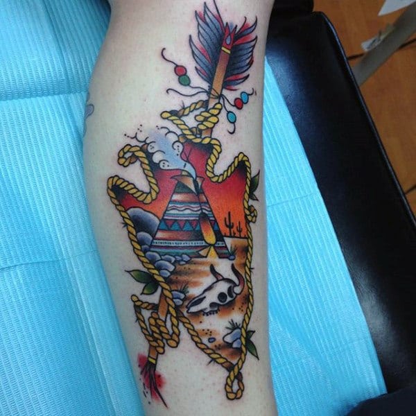 Mens Red Indian Themed Arrowhead Tattoo On Forearms