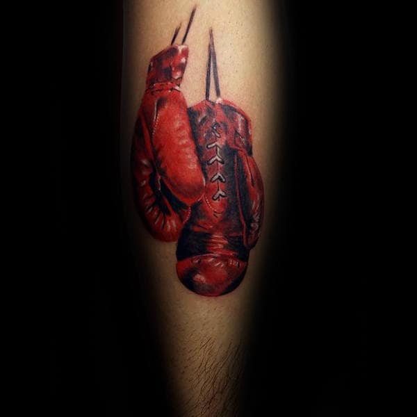 Mens Red Ink Boxing Gloves Leg Calf Tattoos