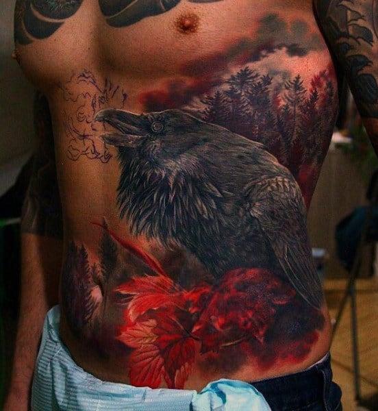 Mens Red Ink Crow Rib Cage Side Tattoo