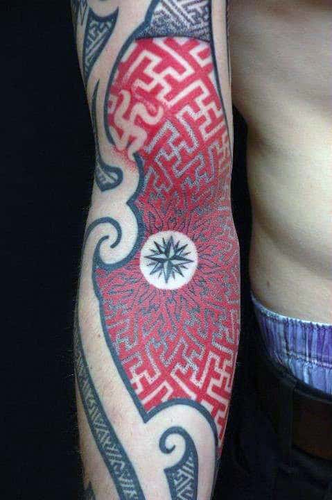 Mens Red Ink Pattern Sleeve Tribal Tattoos