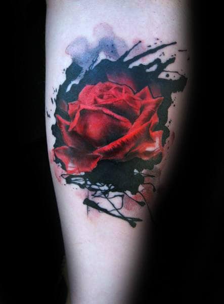Mens Red Ink Rose Flower Watercolor Mens Tattoos On Arm