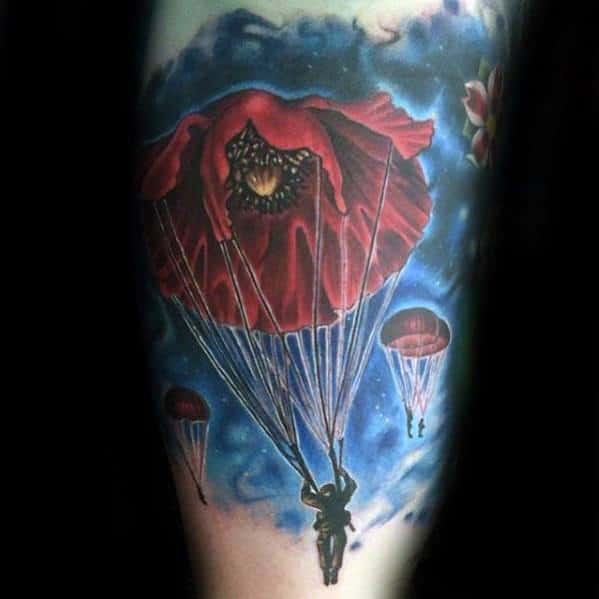 Mens Red Poppy Flower Arm Parachute Tattoo Design Ideas